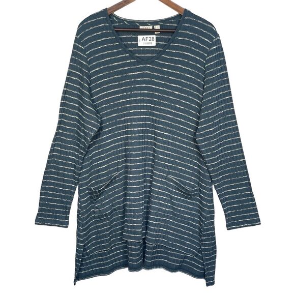 LOGO by Lori Goldstein Tunic Top Women Size 1X Blue Striped Knit Hi-Low Hem Slit - Picture 1 of 16